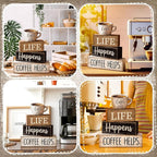 Moucuny 4 Pcs Farmhouse Coffee Bar Table Decor Vintage Wooden Stacked Block Sign - 'life Happens Coffee Helps' Table Centerpiece Rustic Wood Bar Sign Gift for Home Kitchen Shelf Tiered Tray Decor