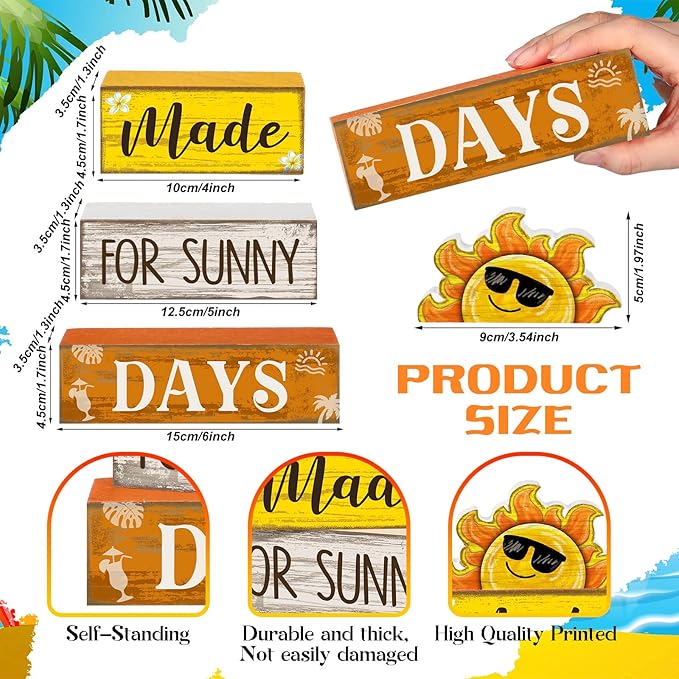 Lineshading 4 Pcs Summer Table Decoration Wooden Sun Beach Tiered Tray Decor Summer Centerpiece Rustic Wood Made for Sunny Day Block Sign Gifts Beach Decorations for Home Kitchen Office Coffee Bar