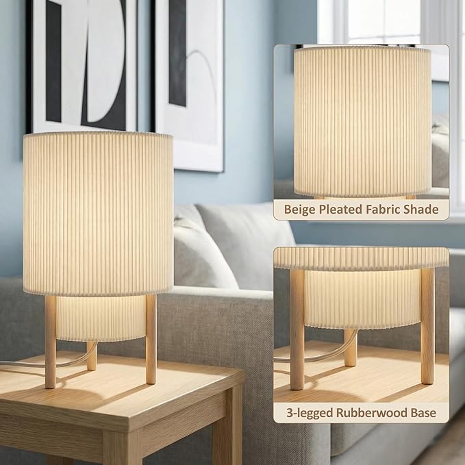 Buruis 2-Tier Table Lamp with Pleated Fabric Shade, Natural Rubber Wood Stand, UL Listed, 10'' Elegant Retro Mid-Century Bedside Lamp for Bedroom, Living Room, Bookshelf, Bulb Not Included, Beige