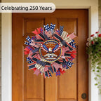 250th Anniversary Patriotic Wreath - 18 Inch Front Door Decor with Wooden Eagle Pattern & Red White Blue Ribbon (Glued on Fabric Base), Handcrafted for 4th of July Independence Day