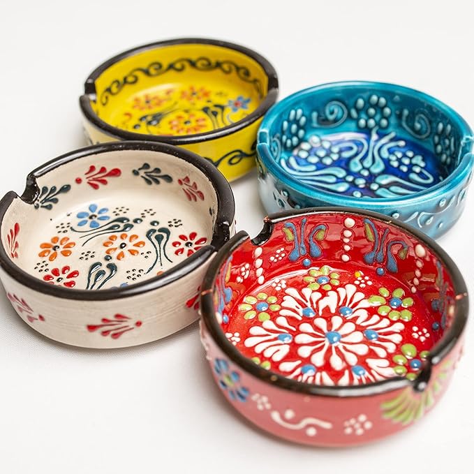 Ashtray Set for Indoor Outdoor Use Cigarette Ash Holder for Smokers Desktop Smoking Ash Tray - Home Office Decoration Hand-Paint Ceramic Cigar Ashtrays (4 Pcs - Red/Yellow/White/Green)
