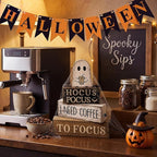 Lineshading 4 Pcs Halloween Coffee Table Decor Coffee Ghost Wooden Stack Block Decor Halloween Tiered Tray Decoration Farmhouse Ghost Tabletop Centerpiece Decorations for Home Kitchen Office Bar Shelf