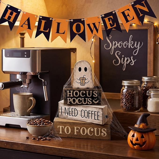 Lineshading 4 Pcs Halloween Coffee Table Decor Coffee Ghost Wooden Stack Block Decor Halloween Tiered Tray Decoration Farmhouse Ghost Tabletop Centerpiece Decorations for Home Kitchen Office Bar Shelf