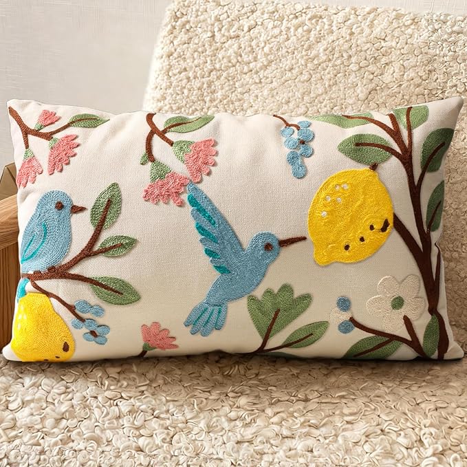 Embroidered Lumbar Pillow Cover 20x12 Inch - Spring Summer Boho Decorative Pillow Cover with Zipper for Living Room Couch Sofa Bed Aesthetic Design Bird Lemon Cushion Pillowcase