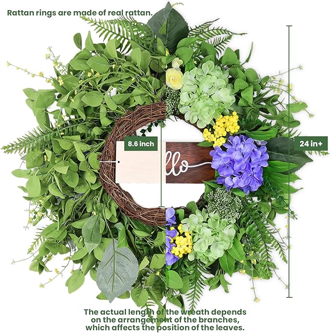 24” Spring Summer Wreaths for Front Door, Greenery Front Door Wreath with Hello Sign for Indoor Outdoor Porch Window Wall, Artificial Floral Wreath with Hydrangeas Berries for Home Decor