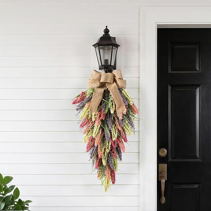 Glitzhome Pink, Purple & Yellow Mixed Heather Teardrop Swag 28" Artificial Spring Teardrop Swag Wreath for Front Door Porch Wall Window Decor