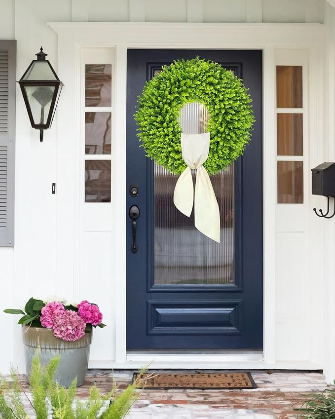 DDHS 28 inch Boxwood Wreath, Artificial Large Spring Wreaths for Front Door with Yellow Sash can DIY Shaped, Summer Wreaths for Hanging in the Shop, Farmhouse, Roof Green Everyday Wreath Home Decor