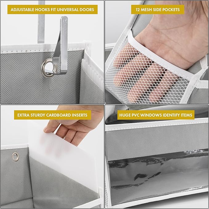 HOMELUX THEORY UPGRADED 6 Tiers Over The Door Organizer Hanging - 100D EXTRA THICK & 50lbs HUGE CAPACITY, 12 Side Mesh Pockets Over The Door Shoe Organizer, Hanging Closet Organizer (Light Gray, 1pc)