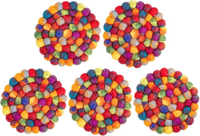 Round Felt Ball Coasters - Wool Table Coasters - Felt Coaster Pads, Absorbent Trivet for Drinks - Heat Resistant, Thick & Durable Hand Felted in Nepal by Woolygon- Multi-Color - Set of 5