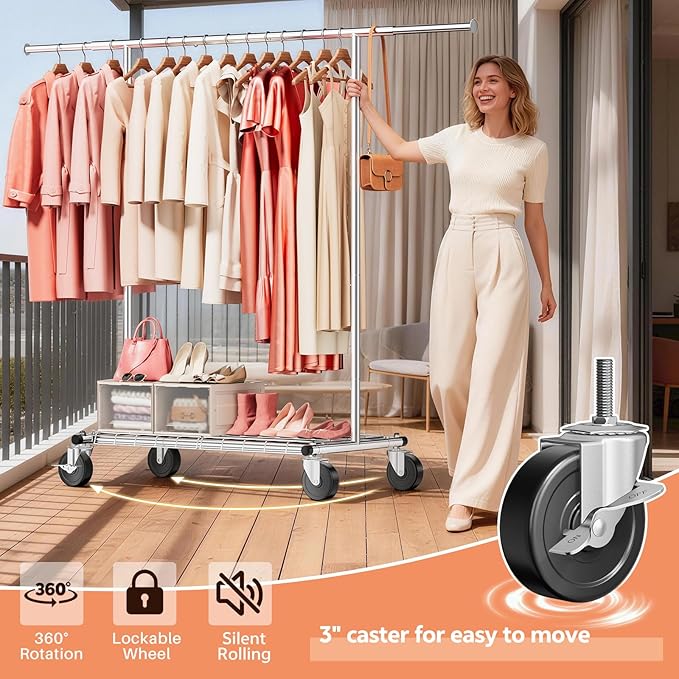 Heavy Duty Clothes Rack - Load 500 LBS, Rolling Clothing Rack for Hanging Clothes with Lockable Wheels & Shelves, Extendable Garment Rack for Bedroom, Laundry, Living Room, Silver