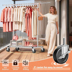 Heavy Duty Clothes Rack - Load 500 LBS, Rolling Clothing Rack for Hanging Clothes with Lockable Wheels & Shelves, Extendable Garment Rack for Bedroom, Laundry, Living Room, Silver