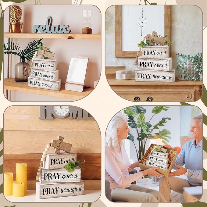 Moucuny 4 Pcs Christian Table Decor Wooden Cross Wooden Bible Verse Sign Inspirational Religious Christian Centerpiece Pray Block Signs Farmhouse Table Decoration for Mother's Day