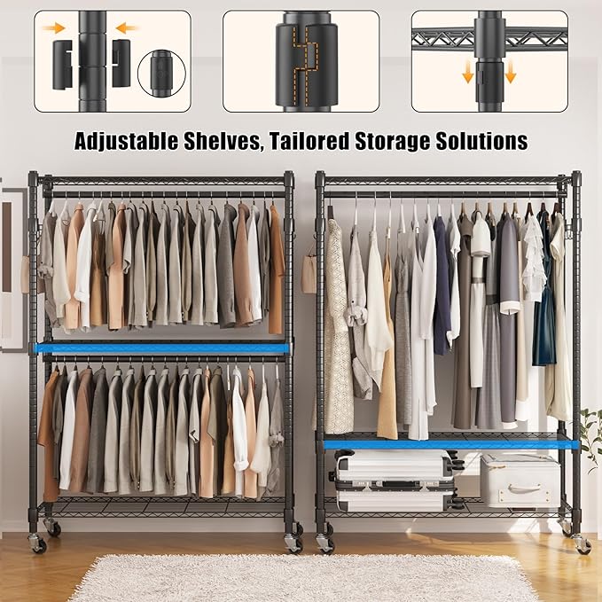 BATHWA Heavy Duty Garment Rack on Wheels, Rolling Clothes Racks for Hanging Storage, Simple Sturdy Metal Wardrobe Closet with Double Rods, 8 Side Hangers, 3 Shelves, Black