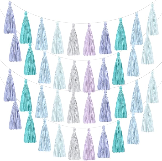 WILLBOND 4 Pieces Valentine's Day Tassel Garland for Classroom Wall Decor Boho Pastel Garland Cotton Tassel Banners for Party School(6.2 Inch,Purple Colors)