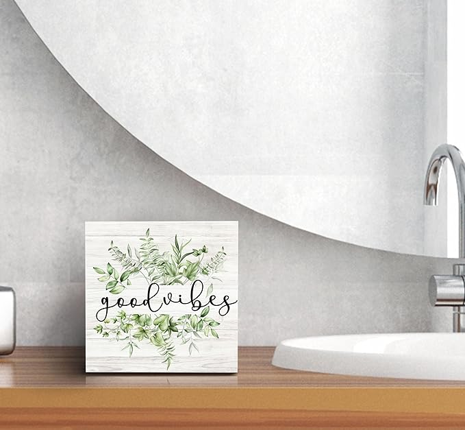 SRADMO Inspirational Botanical Eucalyptus Leaves Wood Box Sign Desk Decor, Green Rustic Eucalyptus Leaves Wooden Block Box Sign Decor for Home Office Shelf Table Decorative Accessories