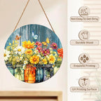 Harooni Spring Summer Floral Door Sign Decor Spring Welcome Wreaths for Front Door Summer Wildflower Vase Butterfly Wood Wreath Farmhouse Front Door Hanger Sign for Indoor Outdoor Decor 12 Inch