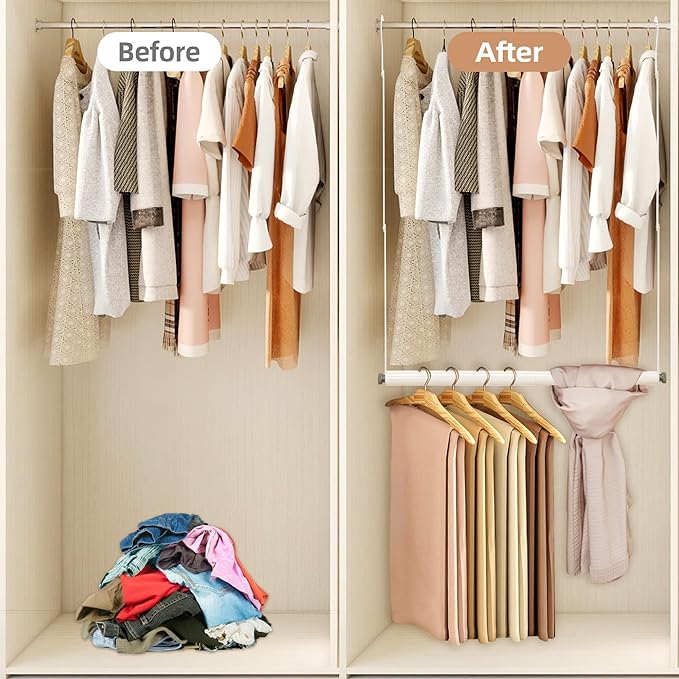 STORAGE MANIAC Adjustable Closet Rod Hanging Clothes Heavy Duty Closet Extender Hanging Rod Space-Saving Clothes Hanging Bar Double Closet Hanging Rod Hanging Closet Organizer Closet Bar,2 Pack White