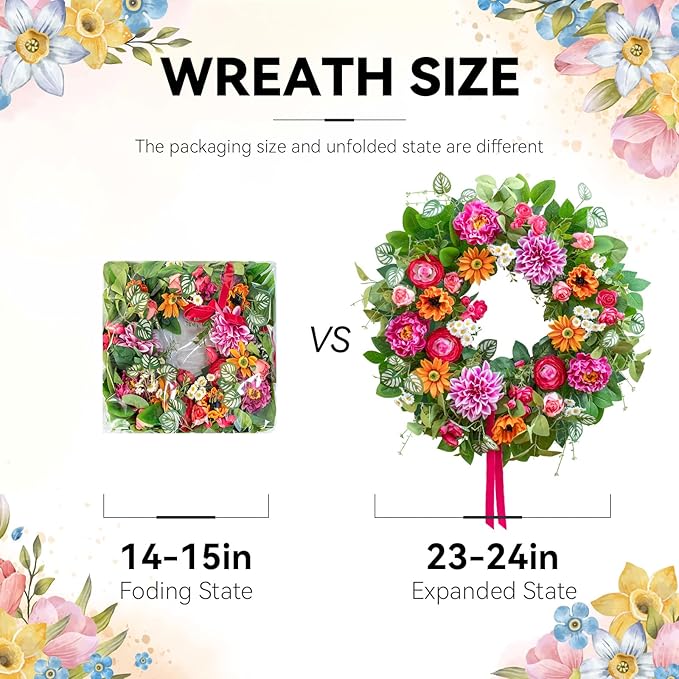 Spring Summer Wreaths for Front Door 24 Inch with Dahlia, Peony & Daisy Spring Wreaths for Front Door Outside Summer Door Wreath for Entryway, Porch & Home Décor Outdoor Summer Wreath