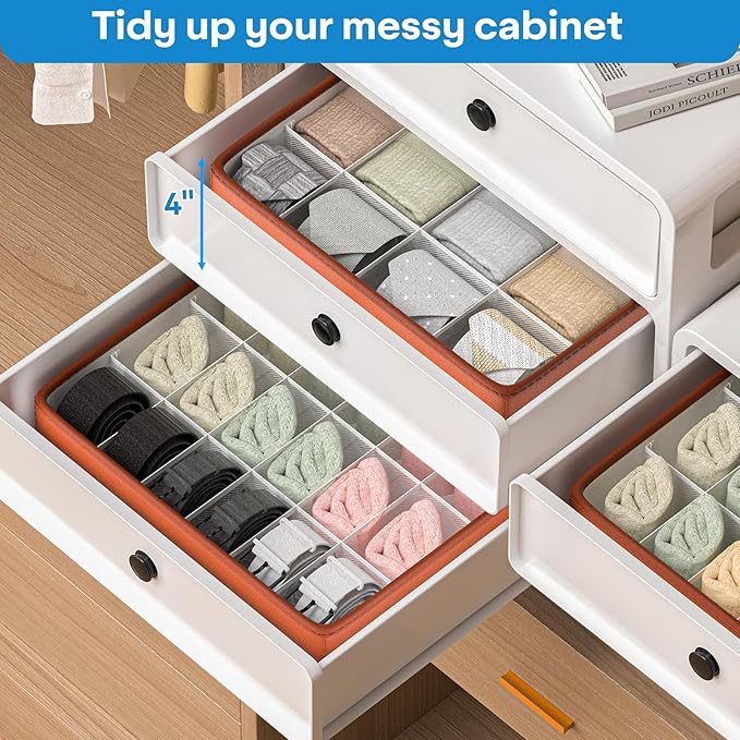 Fashion Leather Sock Underwear Drawer Organizer clothes, Closet Dividers，64 Cell (16+24+24) Foldable Leather Storage Box for Panties, Ties, Accessories（3 Pack）