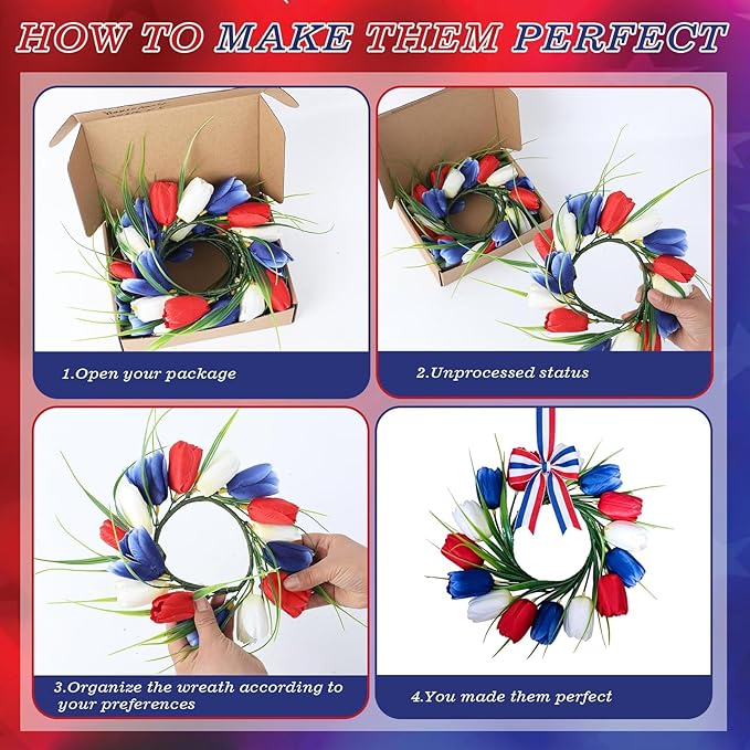 4 PCS 4th of July Hanging Wreaths for Cabinet Small Patriotic Tulip Silk Independence Day Wreaths for Front Door with Red White and Blue Flower Memorial Day Labor Day Candle Wreath for Home Wall Decor