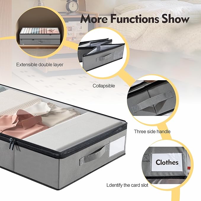 Large Under Bed Storage Containers, 2-Pack Double Layer Underbed Storage Bins with 3 Handles, 70L Extensible/Closed Clothes Storage Organizer with Sturdy Bottom Sidewalls, Grey