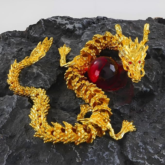 LIYAOLI Golden 3D Articulated Dragon 2024 Chinese Statue - 15 Inch Brass Gold Luck Dragon for Home Office Desk Decoration With Red Gemstone Bead