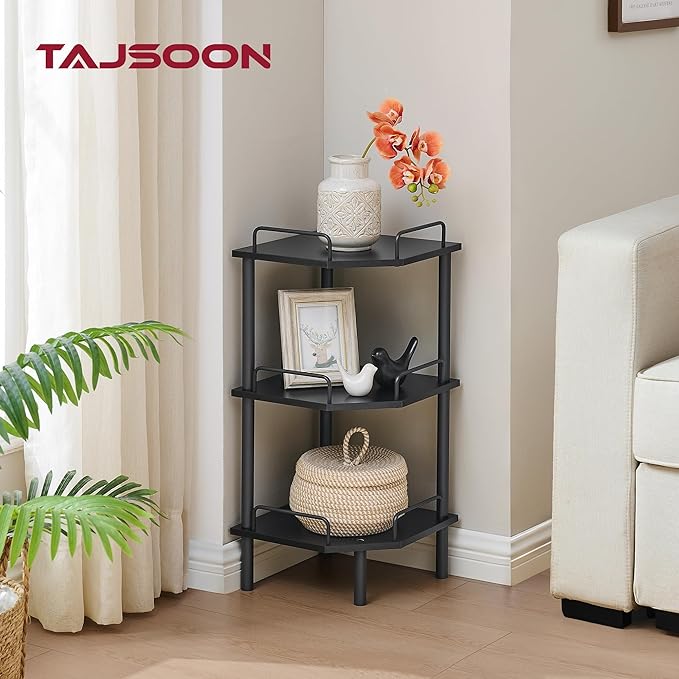 Tajsoon Corner Shelf Stand, 3 Tier Industrial Corner Shelves, Multipurpose Standing Display Shelf, Corner Shelving Unit for Bedroom, Living Room, Office, Kitchen, Black