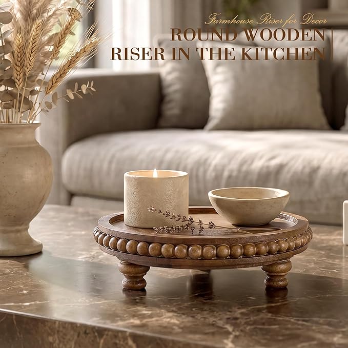 EOSAHR Acacia Round Wood Display Riser for Home Decor – Beaded Pedestal Tray for Perfume Organizer, Bathroom Tray & Kitchen Counter Decor - Farmhouse Boho Accent for Apartment(Acacia Wood)
