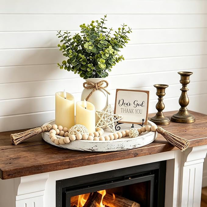 Rustic Modern Farmhouse Decor Set of 7 for Your Living Room, Kitchen Counter, Home or Table Centerpieces Room Decor, Wood Round Decorative Tray Gifts for Women Men (White)