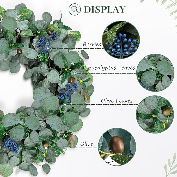 22 Inch Eucalyptus Wreath with Olive Leaves and Berries All Year Round, Handmade Green Spring Summer Wreaths for Front Door Indoor Outdoor Wedding Holiday