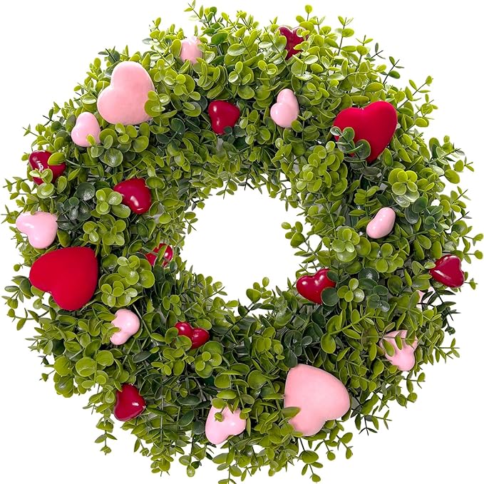 HipTree 18 Inch Spring Mothers Day Heart Wreath for Front Door,Artificial Boxwood Wreath with Flocked Pink & Red Hearts- Romantic for Valentines Day,Anniversary,Wedding,Indoor Outdoor and Wall Decor