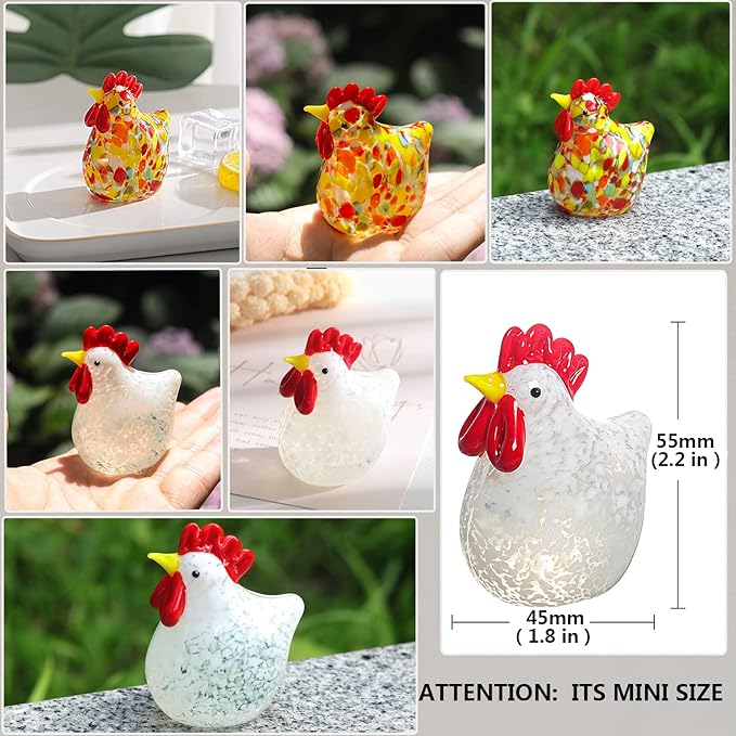 LONGWIN 2PCS Mini Glass Chicken Figurine Hand Blown Art Glass Rooster Animal Statues Collectible Figurines Unique Gift Home Decor Ornaments