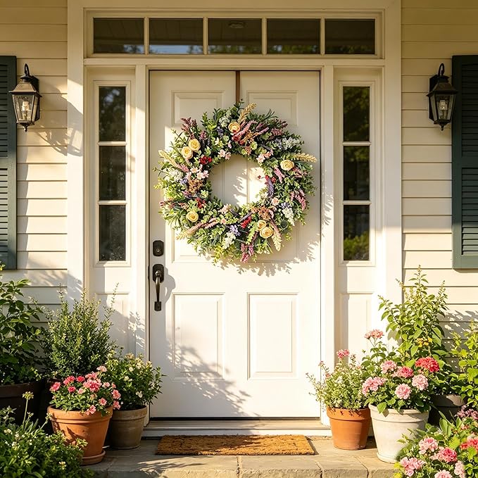 Lush Eucalyptus Wreath for Front Door - 24" Colorful Floral Wreath with 10+ Mixed Foliage & Blooms - All-Season Farmhouse Outdoor Wreath for Spring Summer Porch Wall Decor