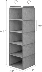 Large Hanging Sweater Organizer for Closet,Collapsible 6-Shelf Hanging Closet Shelves with Drawers, Washable (Grey-5 Shelf-1 d)
