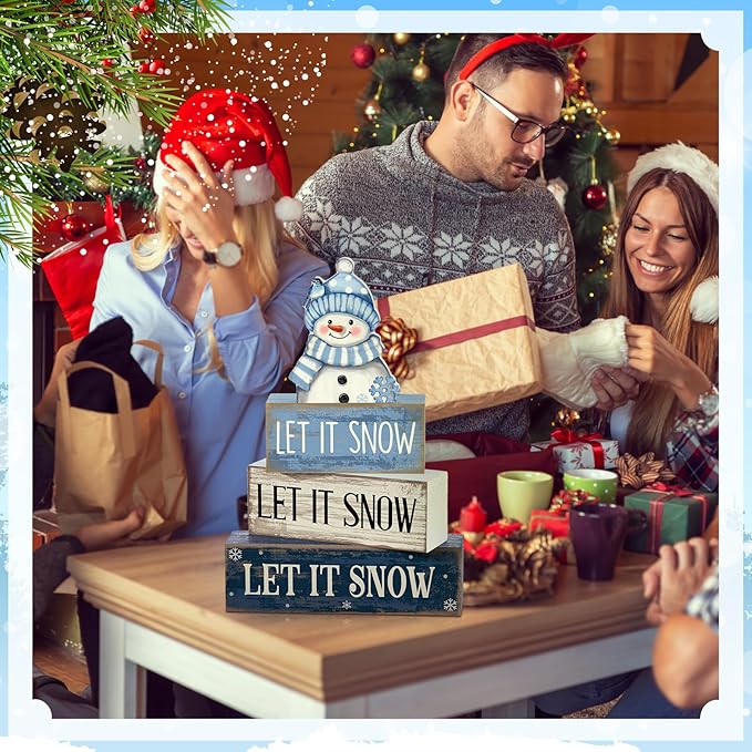 Lineshading 4 Pcs Christmas Table Decoration Blue and White Snowman Decor Winter Tiered Tray Decor Christmas Centerpiece Decorative Wooden Snowman Block Sign Gift Winter Decoration for Home Kitchen