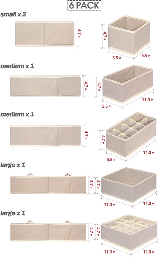 6 Pack Foldable Drawer Organizer Dividers Cloth Storage Box Closet Dresser Organizer Cube Fabric Containers Basket Bins for Underwear Bras Socks Panties Lingeries Nursery Baby Clothes Beige