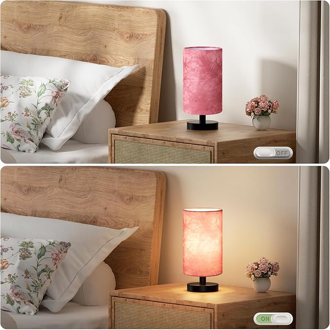 Fenmzee Small Table Lamp for Bedroom - Inline Control, Bedside Lamp with 3000K A15 LED Blub, Easy Assembly (Pink Shade - Black Base, 9" Inline Control)
