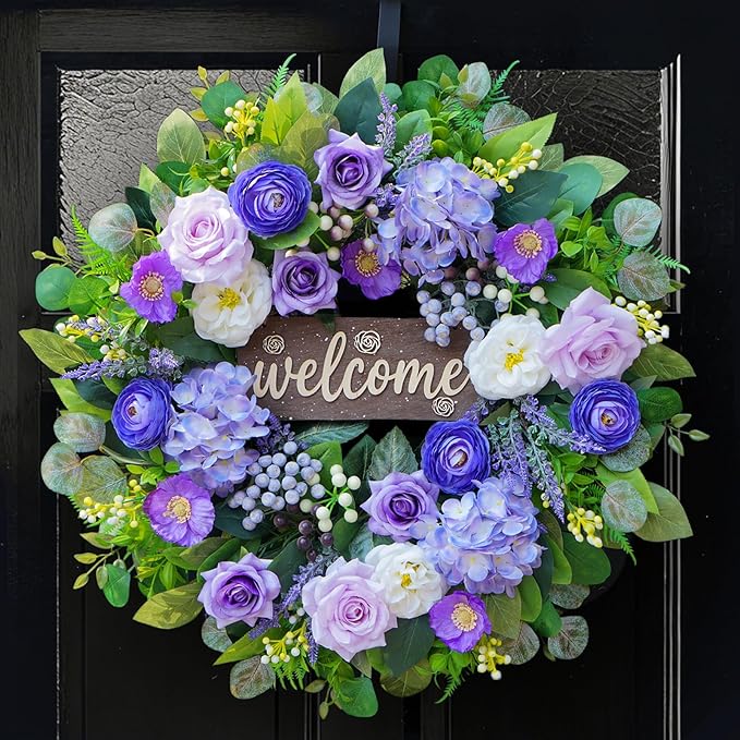 24 Inch Spring Summer Wreaths for Front Door, Luxury Hydrangea Door Wreaths for Front Door Outside All Season,Summer Door Wreath for Farmhouse French Country Home Wall Porch Decor