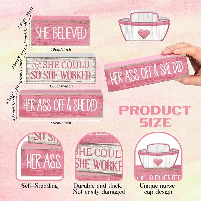 Lineshading 4 Pcs Nurse Appreciation Wooden Block Decor Inspirational "she Believed She Could" Stacked Sign with Nurse Hat Rustic Pink White Table Decoration for Nurses, Graduation Gift, Home & Office