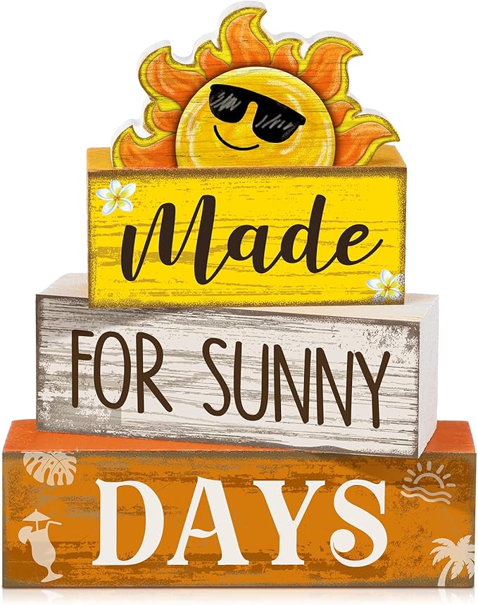 Lineshading 4 Pcs Summer Table Decoration Wooden Sun Beach Tiered Tray Decor Summer Centerpiece Rustic Wood Made for Sunny Day Block Sign Gifts Beach Decorations for Home Kitchen Office Coffee Bar