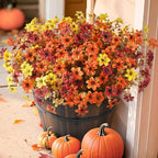 Artificial Mums Fake Fall Flowers for Outdoors Decoration, 12 Bundles Realistic Autumn Silk Daisy Faux Plants UV Resistant Decor for Home Garden Porch Patio Yard Balcony Window (Yellow Brown Orange)