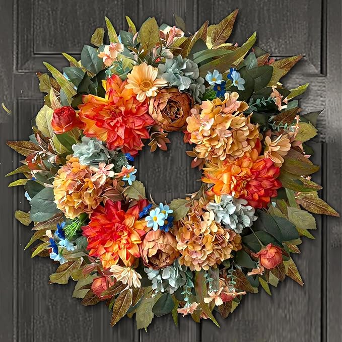 WANNA-CUL 24 Inch Spring Hydrangea &Peony Wreaths for Front Door, Summer Fall Door Wreath with Orange Dahlia Flowers for Wedding or Indoor&Outdoor Decoration