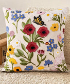 Embroidered Throw Pillow Cover 18x18 Inch - Spring Summer Boho Decorative Pillow Cover with Zipper for Living Room Couch Sofa Bed Aesthetic Design Retro Flower Cushion Pillowcase