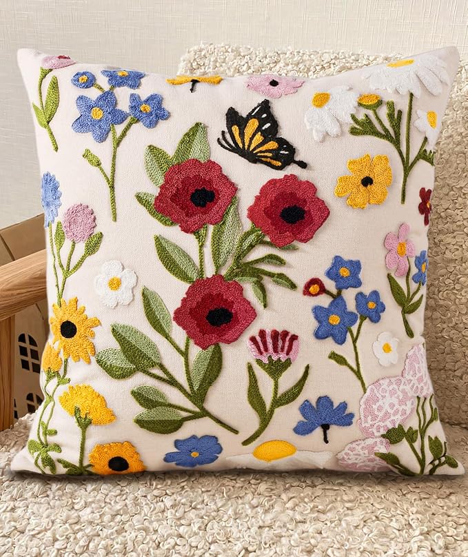 Embroidered Throw Pillow Cover 18x18 Inch - Spring Summer Boho Decorative Pillow Cover with Zipper for Living Room Couch Sofa Bed Aesthetic Design Retro Flower Cushion Pillowcase
