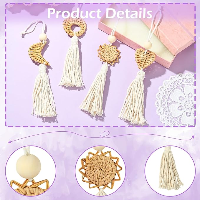 LiQunSweet Handmade Rattan Weave Cotton Rope Tassel, 4Pcs, 25x4.5cm, for Bag Charms, Keychains, Home Decor & Craft Projects