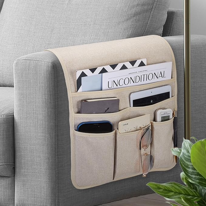 Teniux Remote Control Holder Armchair Caddy for Recliner Couch, Non-Slip Armrest Organizer with 5 Pockets for Magazine, Tablet, Phone, iPad (Beige)