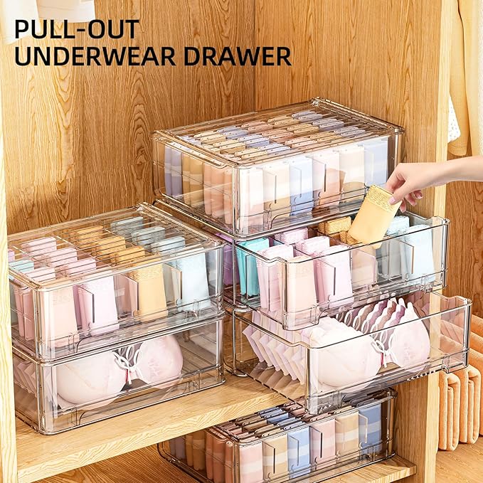 Underwear Drawer Organizer, Plastic Bra Storage Organizer for Closet, Bra Shelf Organizer, Clear Plastic Bra Drawers Stackable Pull Out Drawer Closet Organizer for Belts, Ties, Scarf