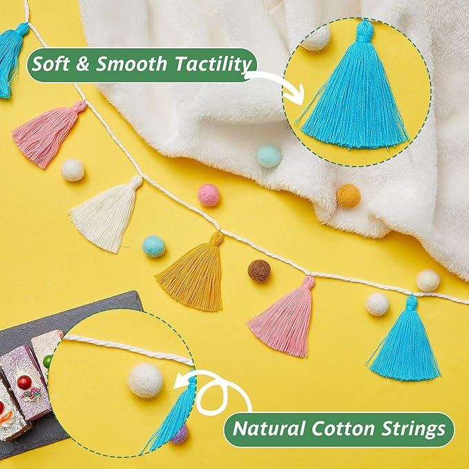 WILLBOND 4 Pieces Valentine's Day Tassel Garland for Classroom Wall Decor Boho Pastel Garland Cotton Tassel Banners for Party School(3.1 Inch,Yellow, Gray, Blue, Pink, White)