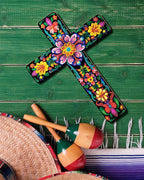 Putuo Decor Floral Cross Wall Decor Painted Decorative Wooden Inspirational Cross Spanish Style Wall Cross Decor Mexican Art Wall Decor Crucifix for Home Room Church Decoration