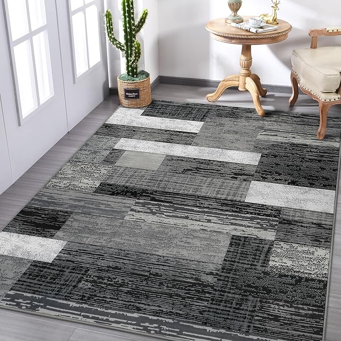 FlyDOIT Modern Geometric Patchwork Area Rug, 6x9 Grey Large Rugs for Living Room, Rockwood Collection Indoor Rugs for Bedroom, Throw Carpet Floor Decor for Entryway Dining Room Office Nursery